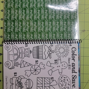 May include: Color and Save coloring book with a variety of Christmas-themed images to color. The images include a gingerbread man, a candy cane, a present, a snowflake, a cupcake, a car, and a donut. The book is priced at $6 and offers a $35 savings.
