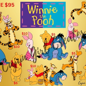 Puede incluir: Una colección de transferencias de planchado con personajes de Winnie the Pooh. Los personajes incluyen Winnie the Pooh, Tigger, Piglet y Eeyore. Las transferencias están disponibles en varios tamaños y precios, que van de $5 a $10. Ahorra $95 en este conjunto de transferencias.