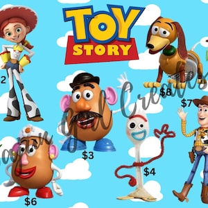 May include: Toy Story character cutouts, including Woody, Buzz Lightyear, Jessie, Rex, Slinky Dog, Mr. Potato Head, and Hamm. The characters are on a blue background with white clouds. The text "TOY STORY" is in the center of the image. The text "SAVE $46" is in the upper right corner of the image. Each character has a price listed below them.