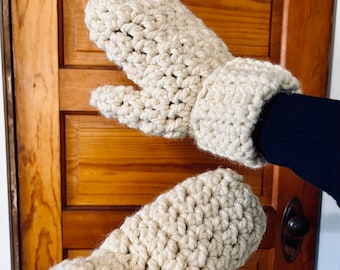 Chunky Crochet Mittens with Cuff, Wool Blend Yarn, Multiple Color and Size Options
