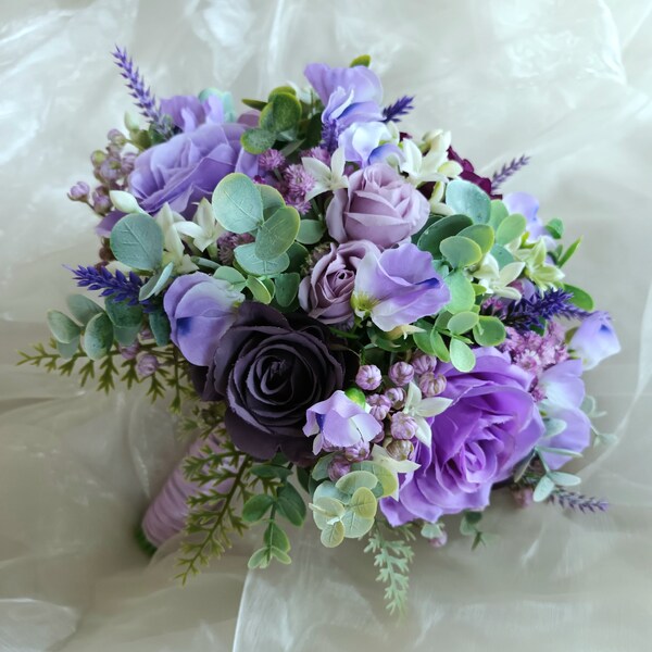 Purple, Lilac and Mauve 13-14 inch bridal bouquet. Bridesmaid bouquet also available.