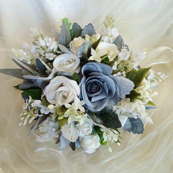 Dusky Blue and White bridal bouquet.  Bridesmaid bouquet also available.