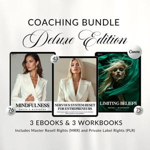 Peut inclure: Un ensemble de produits numériques comprenant trois ebooks et trois cahiers d'exercices. L'ensemble comprend un ebook blanc intitulé "Mindfulness Ebook & Workbook" et un ebook blanc intitulé "Nervous System Reset for Entrepreneurs". Le troisième ebook est vert et intitulé "Limiting Beliefs Ebook & Workbook". Le texte "3 Ebooks & 3 Workbooks" est affiché sous les ebooks. Le texte "Includes Master Resell Rights (MRR) and Private Label Rights (PLR)" est affiché sous le texte "3 Ebooks & 3 Workbooks".