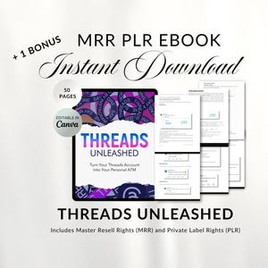 Może przedstawiać: Okładka produktu cyfrowego z różowym i fioletowym tłem. Okładka zawiera tekst "Threads Unleashed" i "Zamień swoje konto Threads w swój osobisty bankomat". Okładka zawiera również grafikę dłoni trzymającej smartfon z otwartą aplikacją Threads. Tekst "+ 1 Bonus" i "MRR PLR Ebook" znajduje się w górnej części obrazu. Tekst "Natychmiastowe pobranie" jest w dużej czcionce i znajduje się w środku obrazu. Tekst "50 stron" jest w mniejszej czcionce i znajduje się pod tekstem "Natychmiastowe pobranie". Tekst "Edytowalne w Canva" jest w mniejszej czcionce i znajduje się pod tekstem "50 stron". Tekst "Threads Unleashed" jest w większej czcionce i znajduje się pod tekstem "Edytowalne w Canva". Tekst "Zawiera prawa do odsprzedaży głównej (MRR) i prawa do etykiety prywatnej (PLR)" jest w mniejszej czcionce i znajduje się pod tekstem "Threads Unleashed".