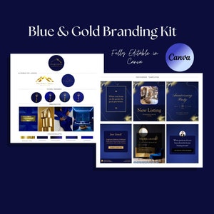 Pode incluir: Um kit de marca para um negócio com um esquema de cores azul e dourado. O kit inclui um logotipo, emblemas de ícones, paletas de cores e modelos do Instagram. Os modelos do Instagram apresentam uma variedade de designs, incluindo um anúncio de novo anúncio, um convite para uma festa de aniversário e uma publicação sobre a programação de uma visita. O texto nos modelos inclui "Novo anúncio", "Festa de aniversário" e "Agendar uma visita".