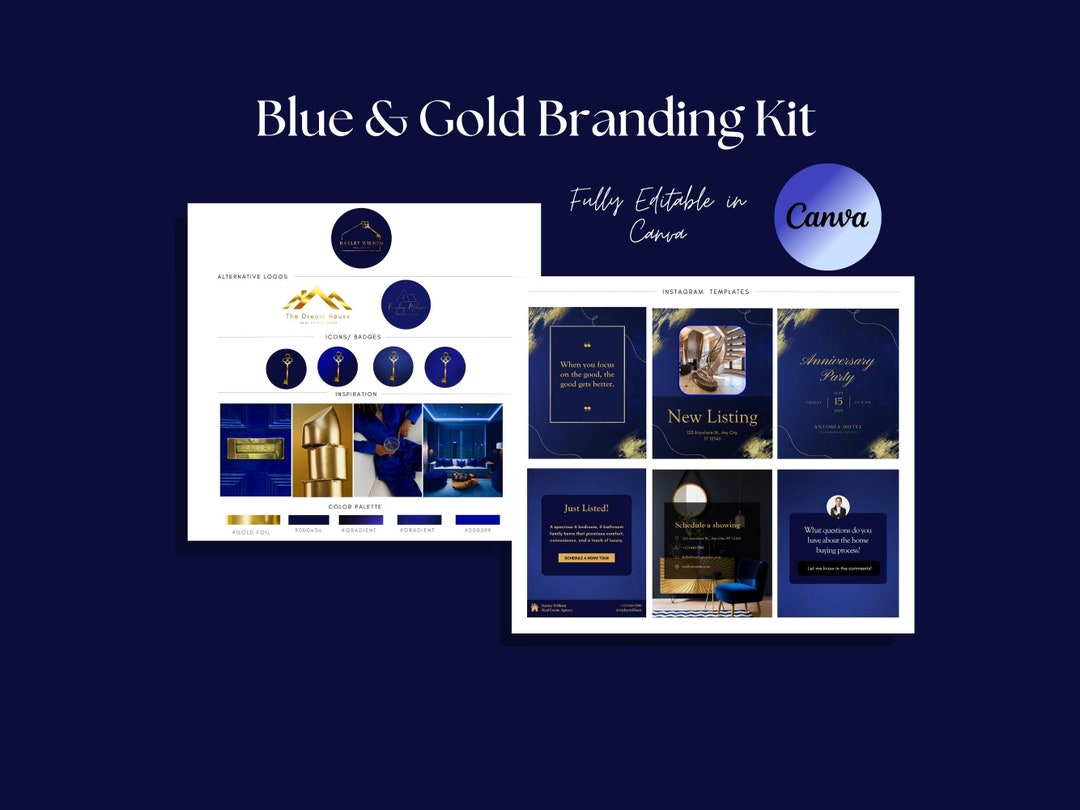 Elegant Blue & Gold Luxury Real Estate Branding Kit: Canva Templates ...