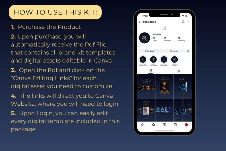 Luxury Blue Instagram Template Kit: 70 Canva Designs for Posts, Stories ...