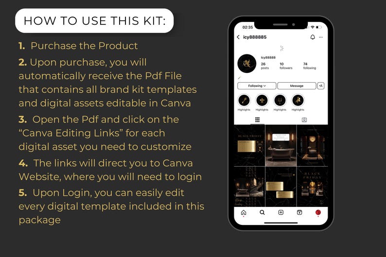 Luxury Black Instagram Template Kit: 100 Canva Designs for Posts ...