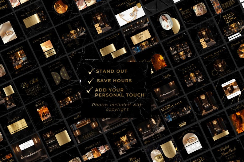 Luxury Black Instagram Template Kit: 100 Canva Designs for Posts ...