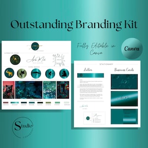 Könnte beinhalten: Eine Branding-Kit-Vorlage für Canva mit einem Teal- und Gold-Farbschema. Das Kit enthält ein Logo, alternative Logos, Symbole, eine Farbpalette, Briefpapier und Visitenkarten. Der Text "Outstanding Branding Kit" und "Vollständig editierbar in Canva" wird oben im Bild angezeigt.