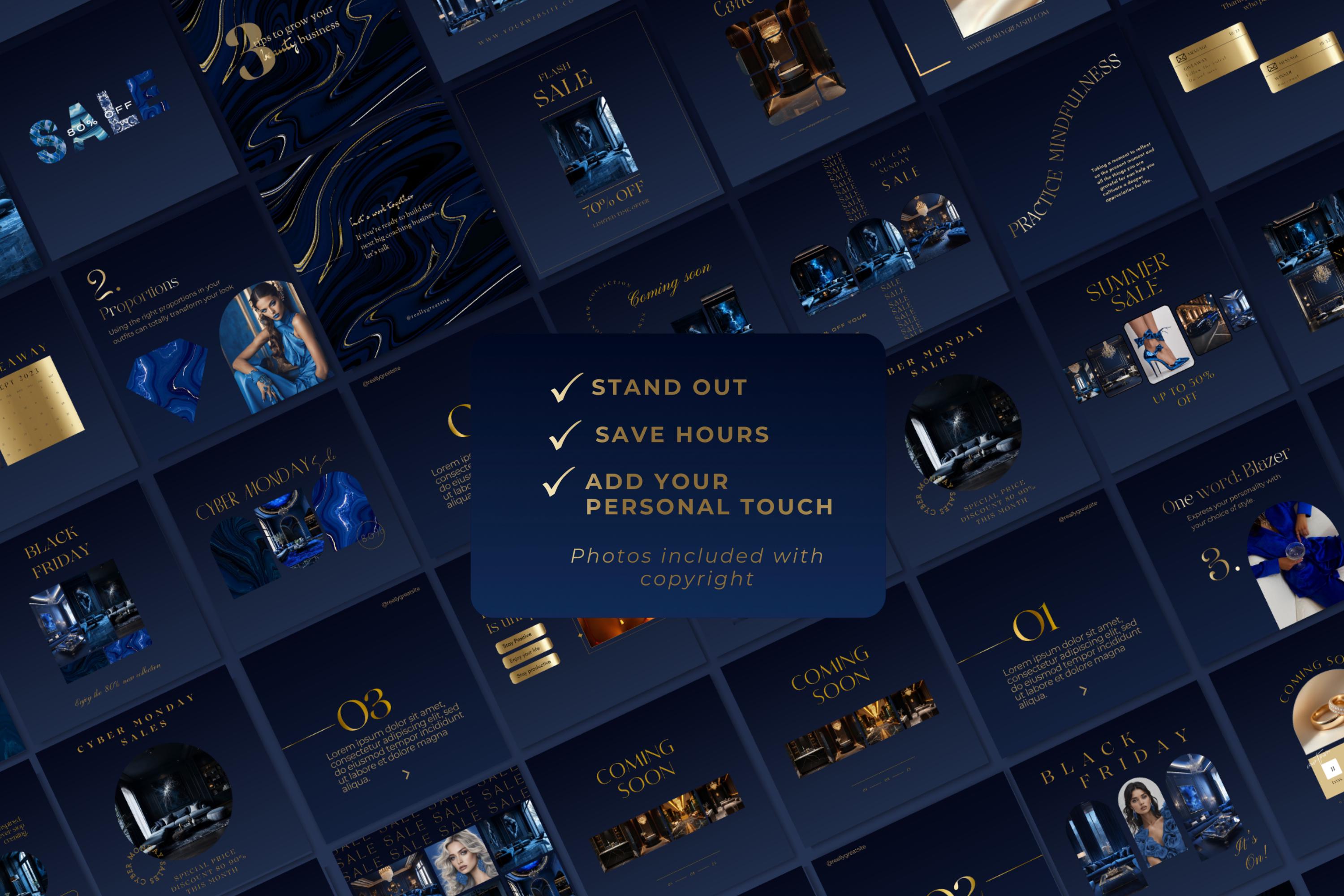 Luxury Blue Instagram Template Kit: 70 Canva Designs for Posts, Stories ...