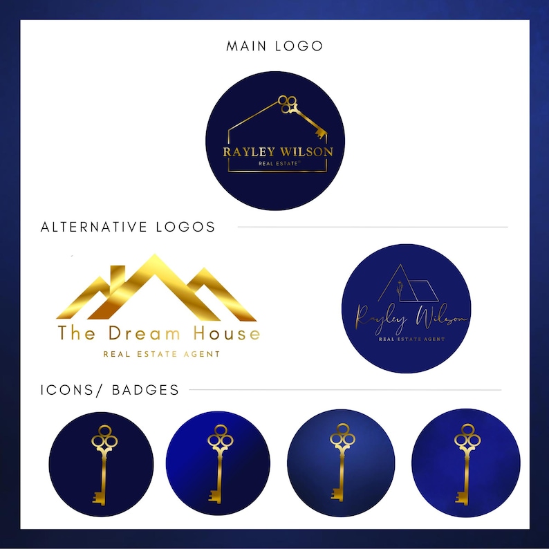 Elegant Blue & Gold Luxury Real Estate Branding Kit: Canva Templates ...