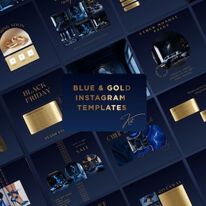 Pode incluir: Um conjunto de modelos Instagram em azul marinho e dourado. Os modelos apresentam texto e detalhes dourados, com frases como "Coming Soon", "Black Friday" e "Cyber Monday Sales". O design geral é moderno e elegante.