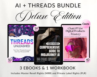 Pacote MRR PLR IA + Threads, Ebook Threads Unleashed, guia de IA de meio de jornada, prompts de bate-papo GPT, pacote MRR PLR de bate-papo GPT, pacote de renda passiva