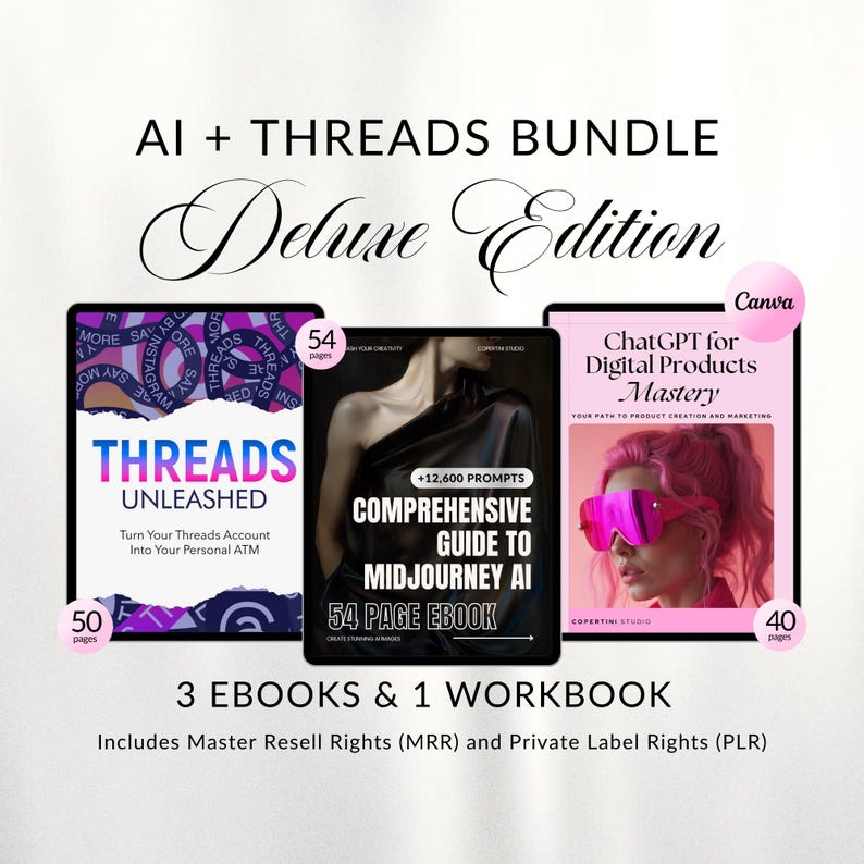MRR PLR  bundle AI + Threads, threads unleashed Ebook, midjourney ai guide, chat gpt prompts, chat gpt mrr plr bundle, passive income bundle