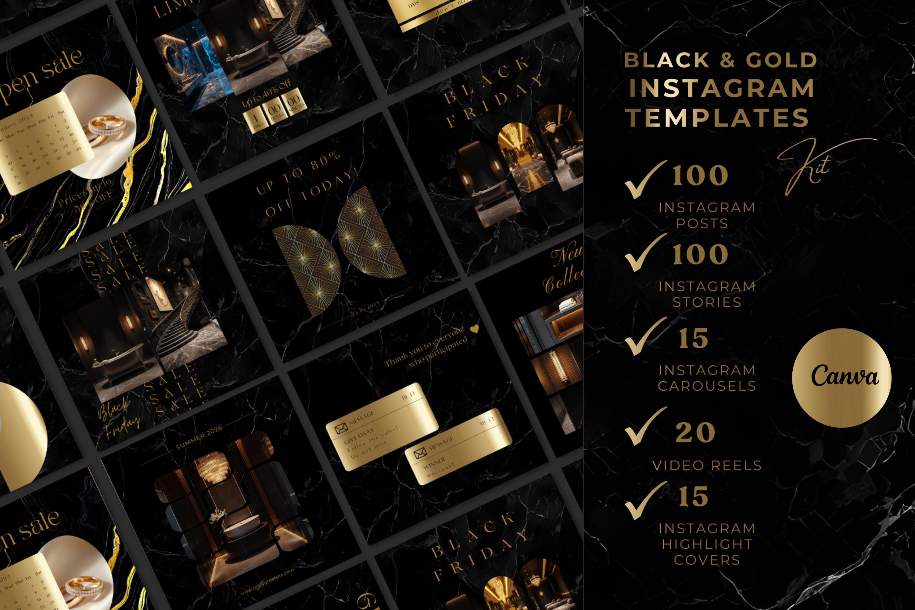 Luxury Black Instagram Template Kit: 100 Canva Designs for Posts ...