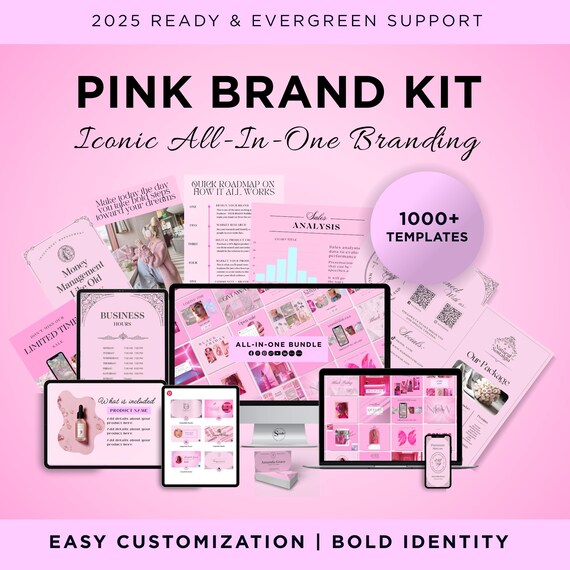 Pink Brand Kit: 1000 Templates Canva for Social Media, Logos, Stationery and eBook, Pink Brand Bundle Complete
