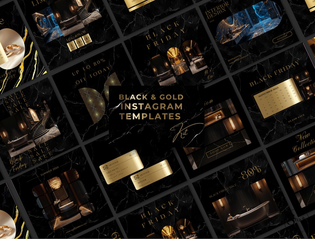 Luxury Black Instagram Template Kit: 100 Canva Designs for Posts ...