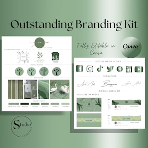 Könnte beinhalten: Ein Branding-Kit für ein Unternehmen namens "The Tiny Garden" mit einem grün-weißen Farbschema. Das Kit enthält Logos, Social-Media-Icons, YouTube-Banner und eine Signatur. Das Kit ist vollständig in Canva bearbeitbar.