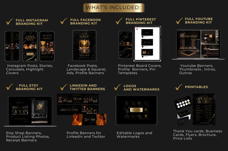 Luxury Black and Gold Brand Kit: 1000 Canva Templates for Social Media ...