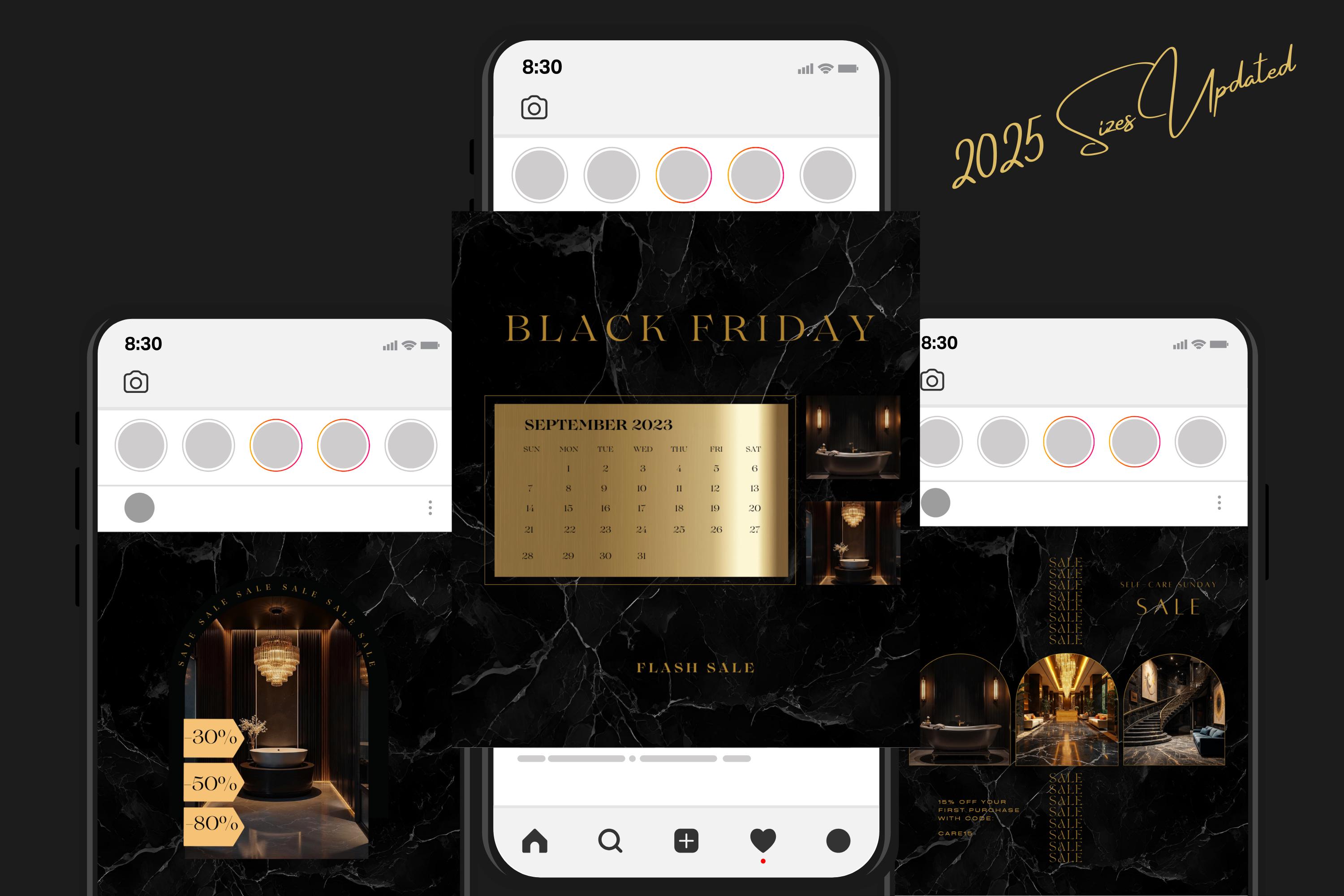 Luxury Black Instagram Template Kit: 100 Canva Designs for Posts ...
