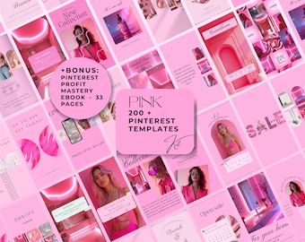 200+ Pink Pinterest Templates Kit for Canva with Bonus eBook: Mastering Pinterest Profits