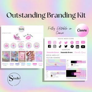 Kit de marca holográfica en tonos pastel de ensueño: Plantillas de Canva con un toque de glamour rosa para empresas modernas