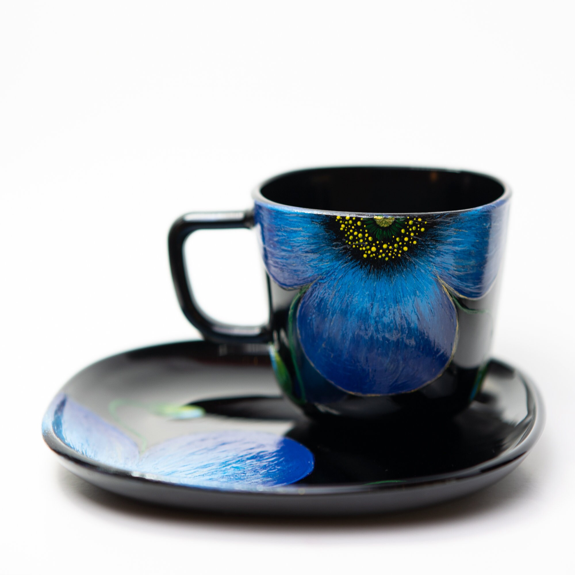 Art Tea Cup & Saucer Set | Hand-painted Blue Poppy on Black | Unique ...