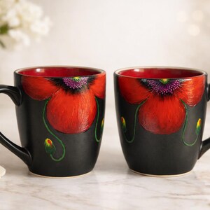 Hand Painted Ceramic Mug | Black & Red Floral Coffee Cup | Artisan Pottery | Luxury Handmade Tea Cup | 350 ml