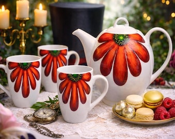 Juego de té pintado a mano con tetera y 4 tazas | Fiesta del Té del Conejo Blanco | Inspirado en Alicia en el País de las Maravillas | Servicio de Té Floral de Lujo