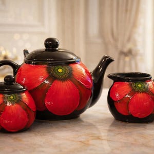 Luxury Hand-Painted Poppy Tea Set | Large 2L Teapot | Artisan Ceramic Teaware | Unique Gift | Made in Canada