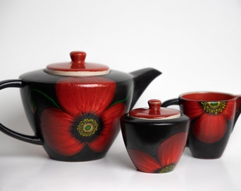 St. Valentine's Day, Poppies, A tea set. Teapot, sugar bowl and creamer, darling gift, mom gift, snack with pleasure