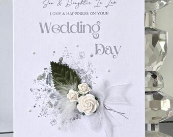 Tarjeta de boda personalizada para yerno y nuera, tarjeta de boda, tarjeta de boda para hijo, tarjeta de boda blanca, tarjeta de boda con corazón de flores blancas