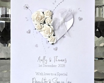 Tarjeta de boda personalizada para nuera y yerno, tarjeta de boda, tarjeta de boda para hijo, tarjeta de boda blanca, tarjeta de boda con corazón de flores blancas
