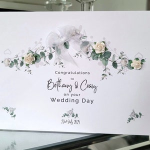 Biglietto di nozze, biglietto di nozze con ghirlanda di fiori, biglietto di nozze personalizzato con nome e data, biglietto per il nuovo signor e signora, biglietto per il giorno del matrimonio