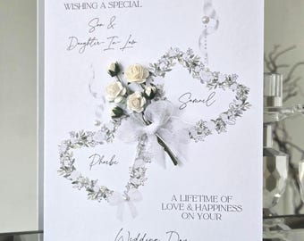 Tarjeta de boda personalizada para yerno y nuera, tarjeta de boda, tarjeta de boda para hijo, tarjeta de boda blanca, tarjeta de boda con corazón de flores blancas
