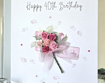 Personalized 40th Birthday Card, Pink Flower Bouquet