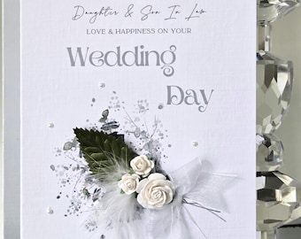 Tarjeta de boda personalizada para nuera y yerno, tarjeta de boda, tarjeta de boda para hija, tarjeta de boda blanca, tarjeta de boda con corazón de flores blancas