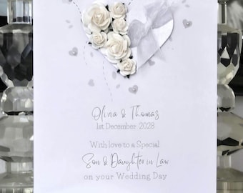 Tarjeta de boda personalizada para yerno y nuera, tarjeta de boda, tarjeta de boda para hijo, tarjeta de boda blanca, tarjeta de boda con corazón de flores blancas