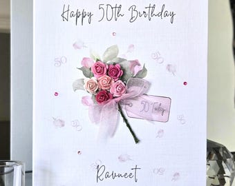 Personalized 50th Birthday Card, Pink Flower Bouquet