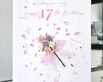 Happy 17th birthday card, 17th birthday card, special 17 birthday card, personalised birthday card, flower 17th birthday card,