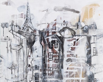 Original painting, neutral colors, city view, Paris