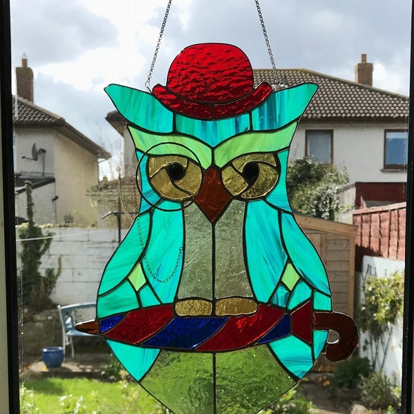 Large Stained Glass Owl with Monacle, Top Hat and Umbrella, Handmade in Dublin Ireland