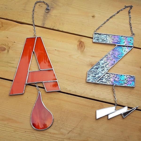 Personalised Stained Glass Letter with Choice of Charm Symbol, Handmade in Dublin, Ireland