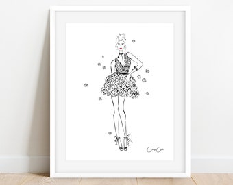 Fashion Illustration, Black and White, Line Drawing, Wall Art, Girl Portrait, Fashion Print, Fashion Art Decor, Best Friend Gift, 8x10 Art