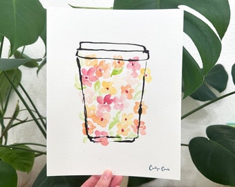 Watercolor Coffee Art Print, Mixed Media Wall Art, Floral Art Print, Coffee Painting, Wildflower Art, Kitchen Decor, Office, Line Art, 8x10