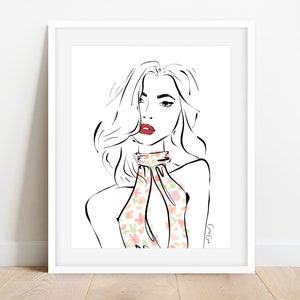 Fashion Illustration, Floral Drawing, Line Drawing, Wall Art, Girl Portrait, Fashion Print, Fashion Art Decor, Friend Gift, Black and White