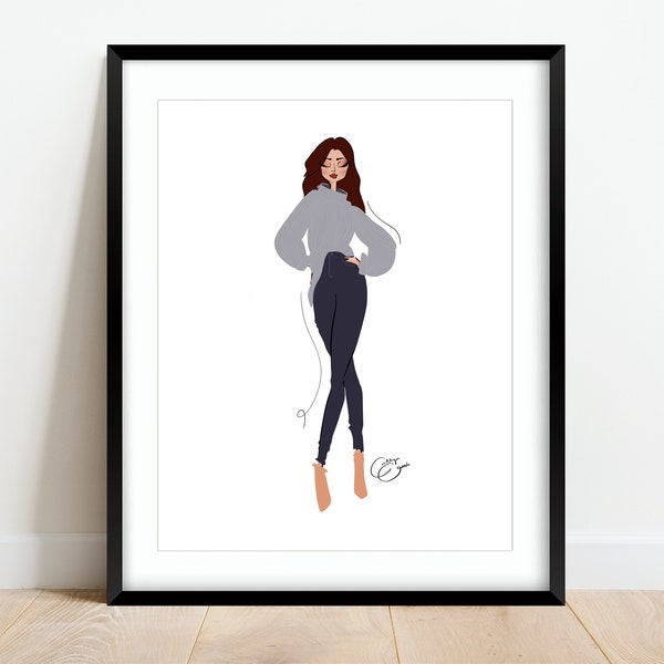 Digital Fashion Illustration, Cozy Winter Art Print, Fashion Poster, Birthday Gift, Girlfriend Present, 11x14 Print, Woman Portrait