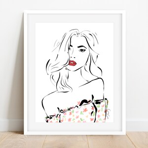 Fashion Illustration, Floral Drawing, Line Drawing, Wall Art, Girl Portrait, Fashion Print, Fashion Art Decor, Friend Gift, Black and White