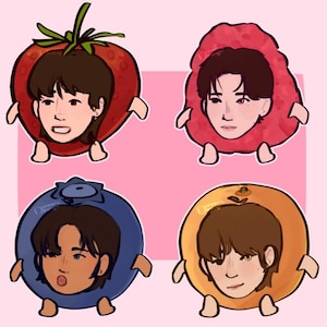 May include: A digital illustration featuring four figures dressed as fruits: a strawberry, raspberry, blueberry, and orange. Each figure has a human face and small arms and legs, set against a pink background.